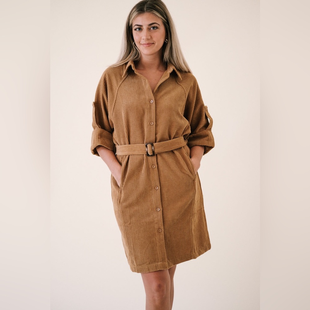 Molly Bracken Chelsea Bronze Corduroy Belted Mini Dress